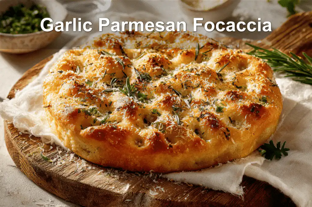 Garlic Parmesan Focaccia Bread on cloth with water glass and herbs.