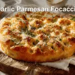 Garlic Parmesan Focaccia Bread - Easy and Delicious Recipe 4 Garlic Parmesan Focaccia Bread on cloth with water glass and herbs.