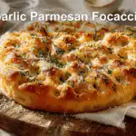 Garlic Parmesan Focaccia Bread on cloth with water glass and herbs.