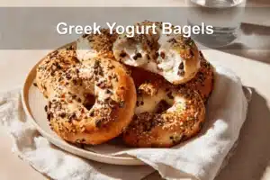 Golden-brown Greek Yogurt Bagels with seasoning, soft interior, and melted ingredients on a bright setup.
