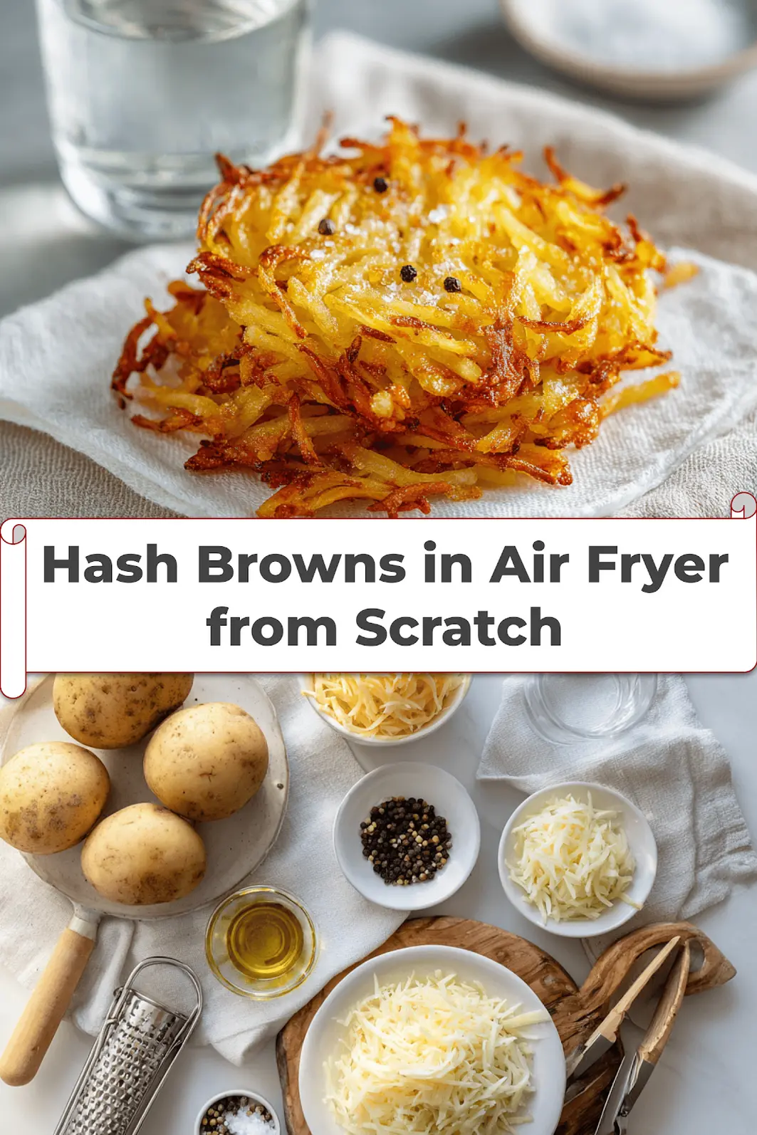 Hash Browns in Air Fryer from Scratch: Easy and Delicious 5 Hash Browns in Air Fryer from Scratch golden crisp russet potatoes plated with sea salt crystals_pin