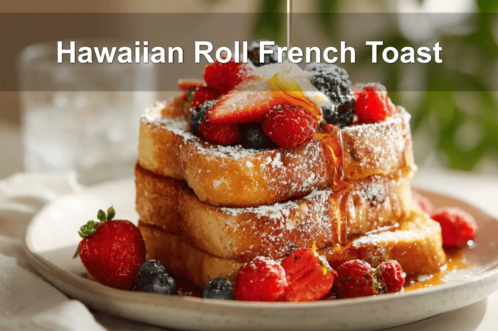 Hawaiian Roll French Toast plated with berries powdered sugar maple syrup on white cloth napkin