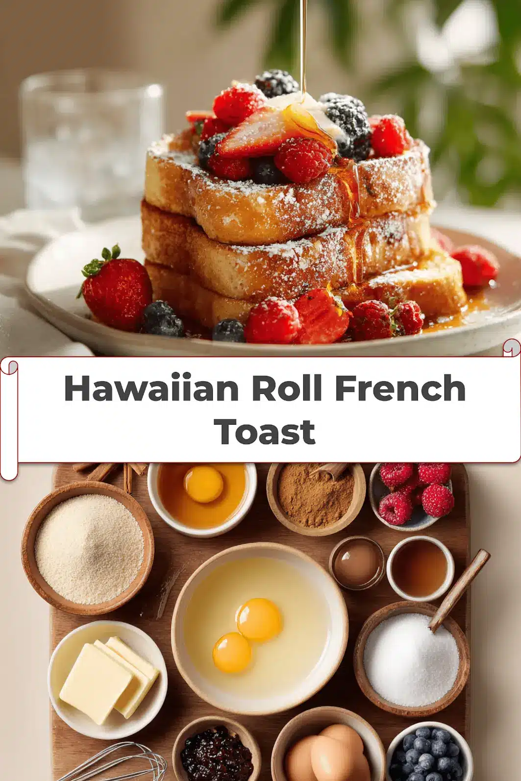 Hawaiian Roll French Toast: Simple Delicious Magic 5 Hawaiian Roll French Toast plated with berries powdered sugar maple syrup on white cloth napkin_pin