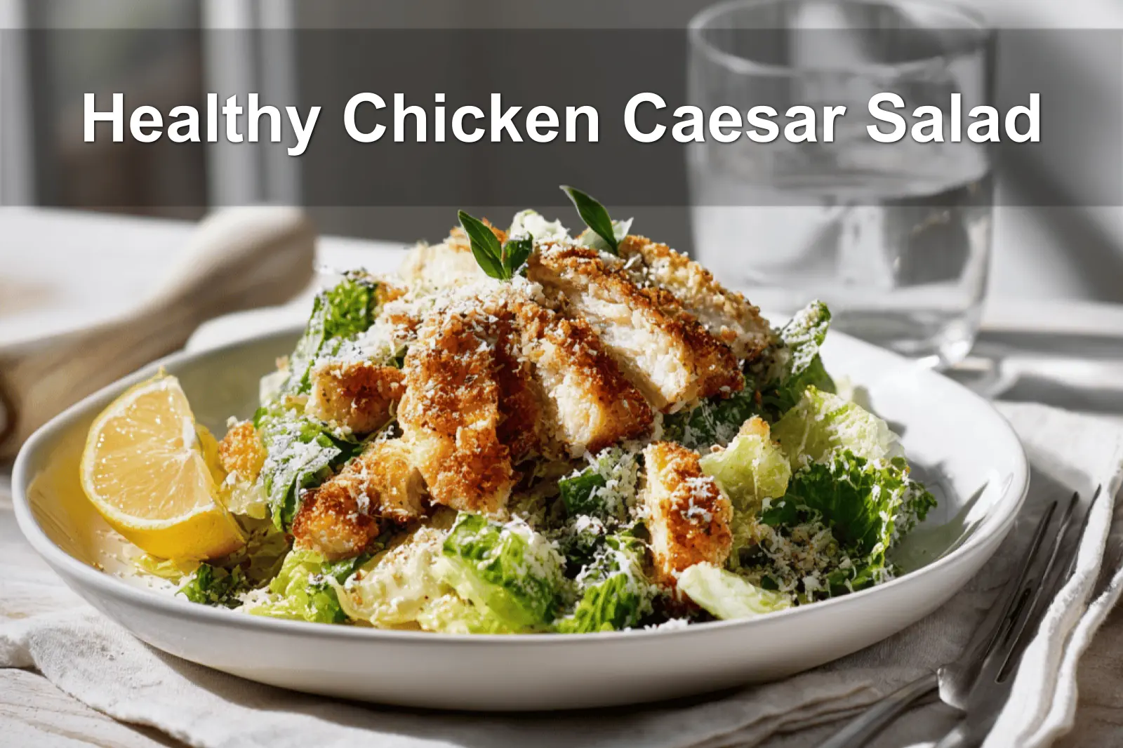 Healthy Chicken Caesar Salad with breaded chicken pieces panko crumbs romaine lettuce and spicy honey drizzle