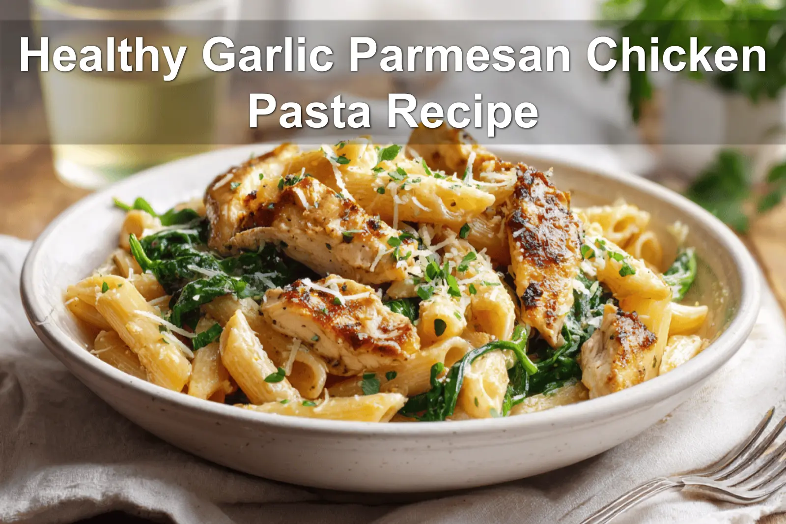 Healthy Garlic Parmesan Chicken Pasta Recipe creamy whole wheat penne with garlic parmesan chicken and spinach