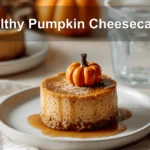 Healthy Pumpkin Cheesecakes styled on a white napkin with water glass in warm lighting