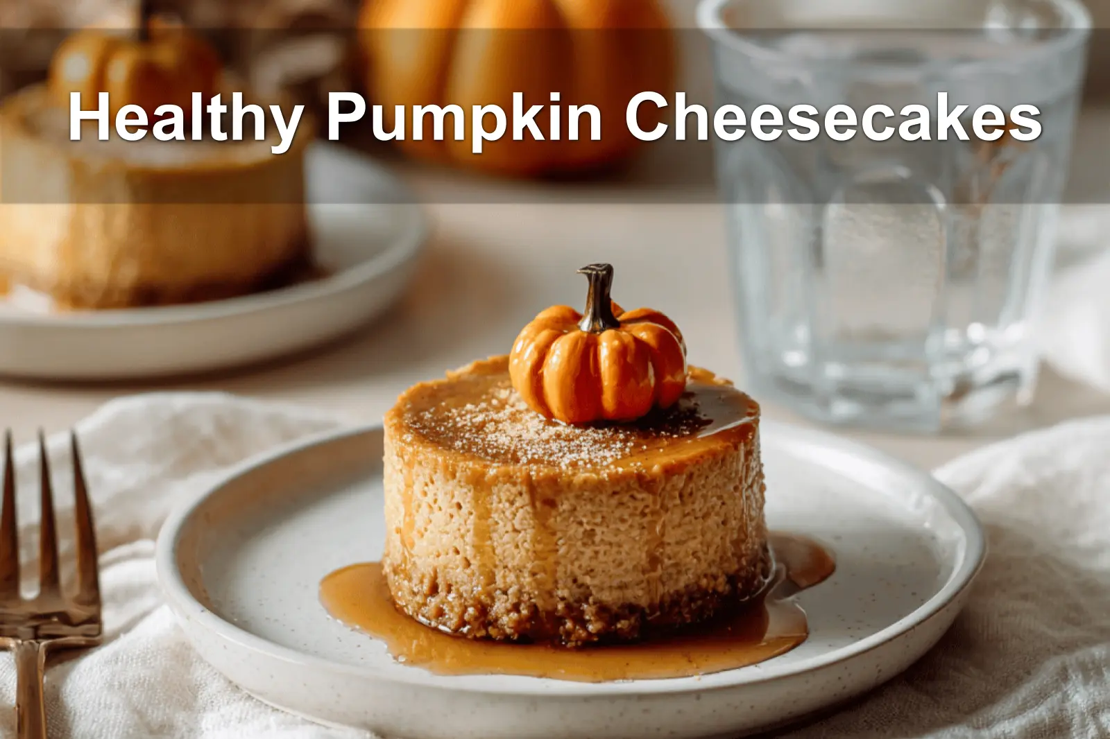 Healthy Pumpkin Cheesecakes styled on a white napkin with water glass in warm lighting