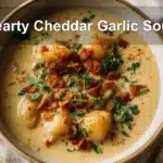 Hearty Cheddar Garlic Soup in a cozy, rustic setting with warm, appetizing tones.