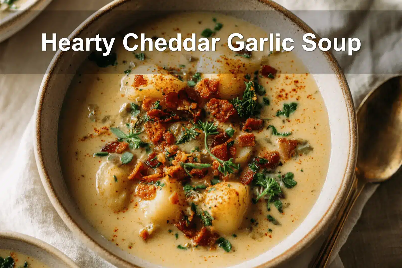 Hearty Cheddar Garlic Soup in a cozy, rustic setting with warm, appetizing tones.