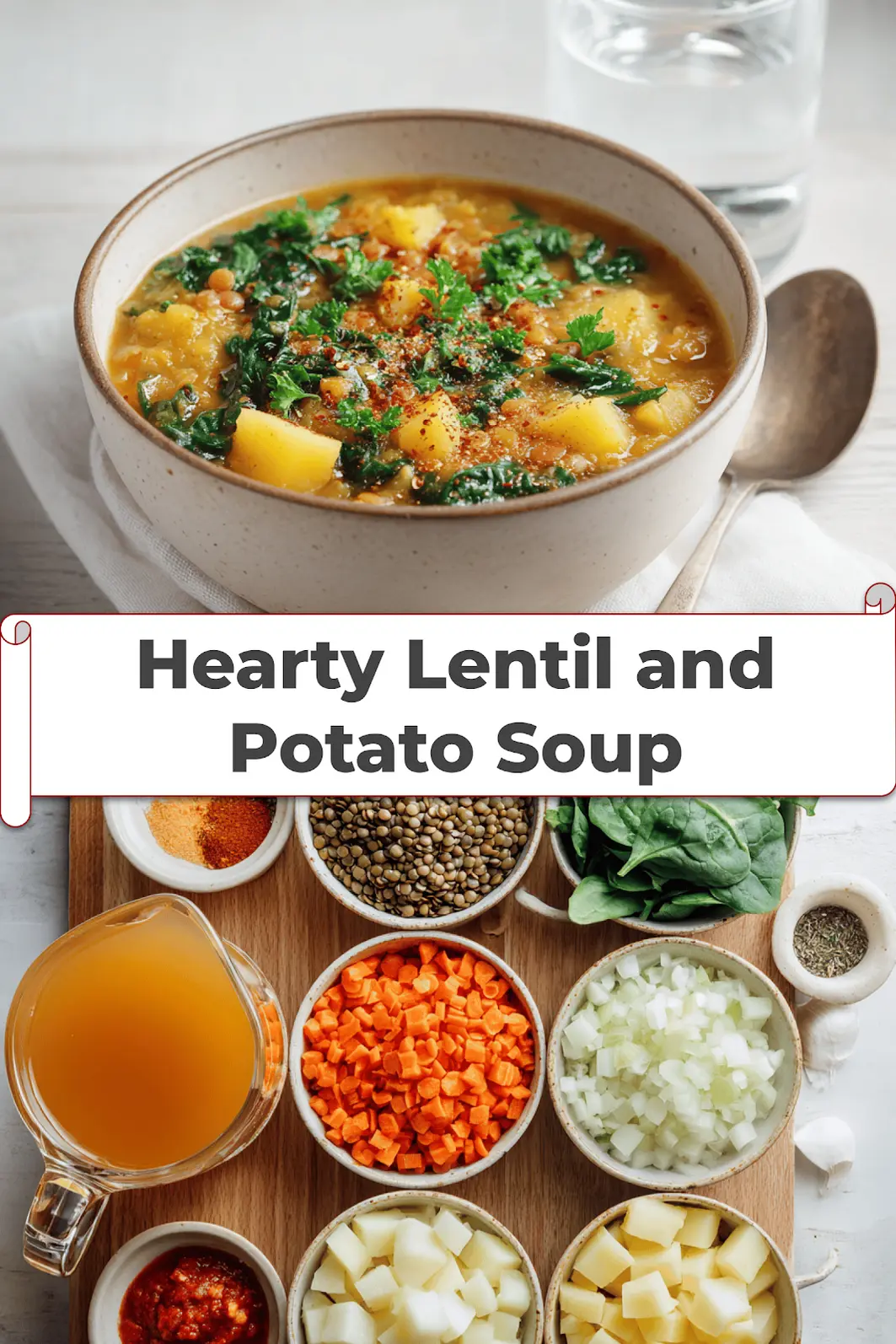Hearty Lentil and Potato Soup styled for a cozy and inviting presentation_pin