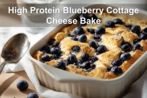 High Protein Blueberry Cottage Cheese Bake plated on white cloth with fresh blueberries and graham crumbs