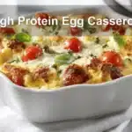 High Protein Egg Casserole golden baked with cherry tomatoes and basil in warm natural light