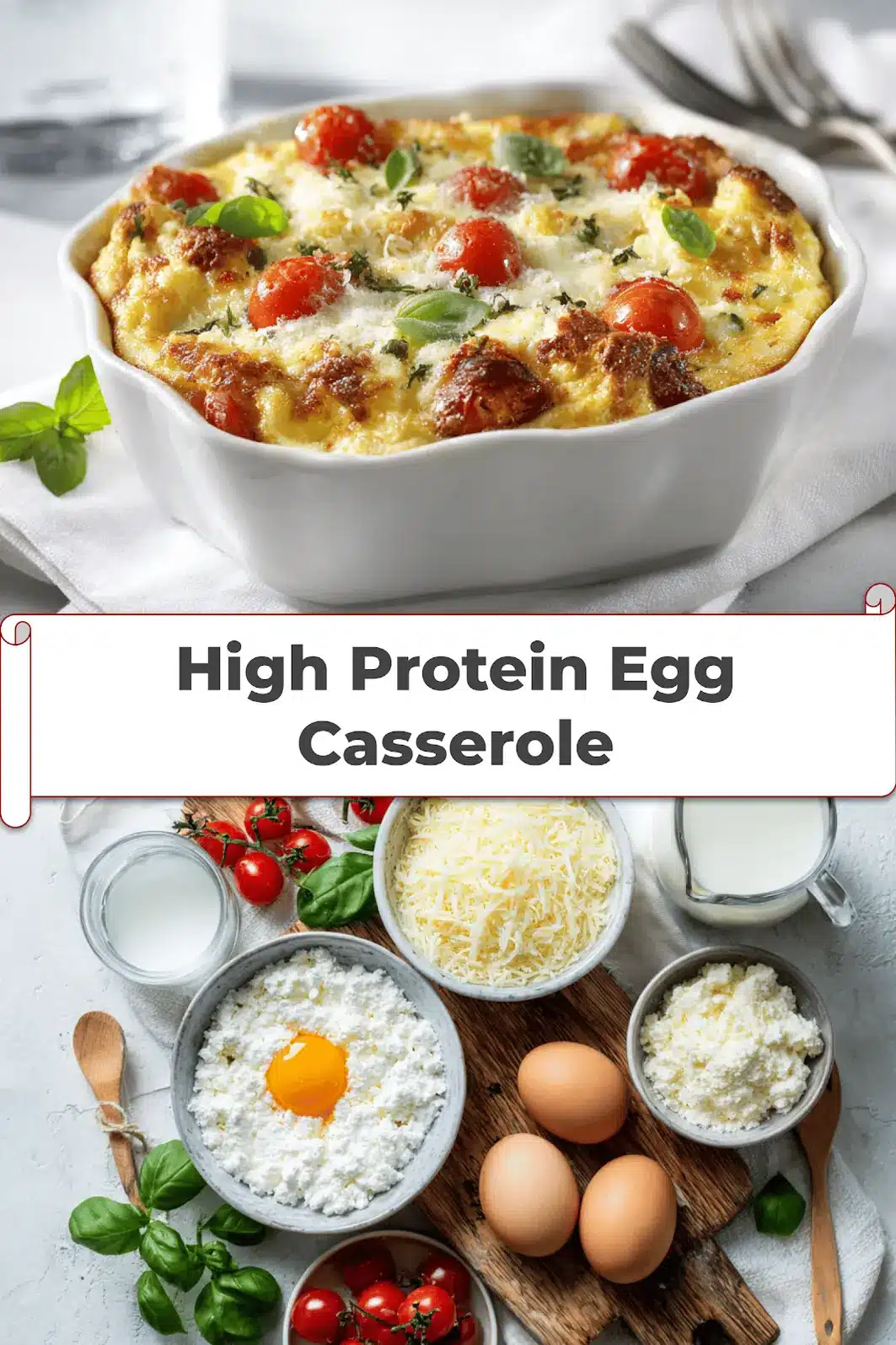 High Protein Egg Casserole: Perfect for Any Meal 5 High Protein Egg Casserole golden baked with cherry tomatoes and basil in warm natural light_pin
