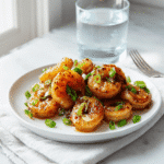 Plated honey garlic shrimp with golden glaze and green onions, ready to serve.