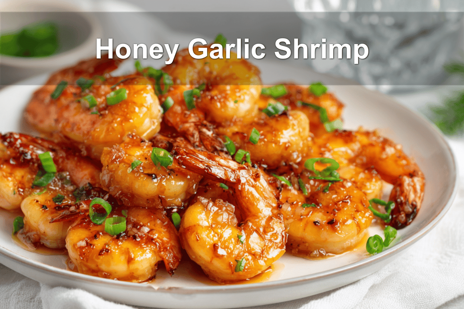 Honey garlic shrimp plated with golden glaze, green onions, and warm natural lighting.
