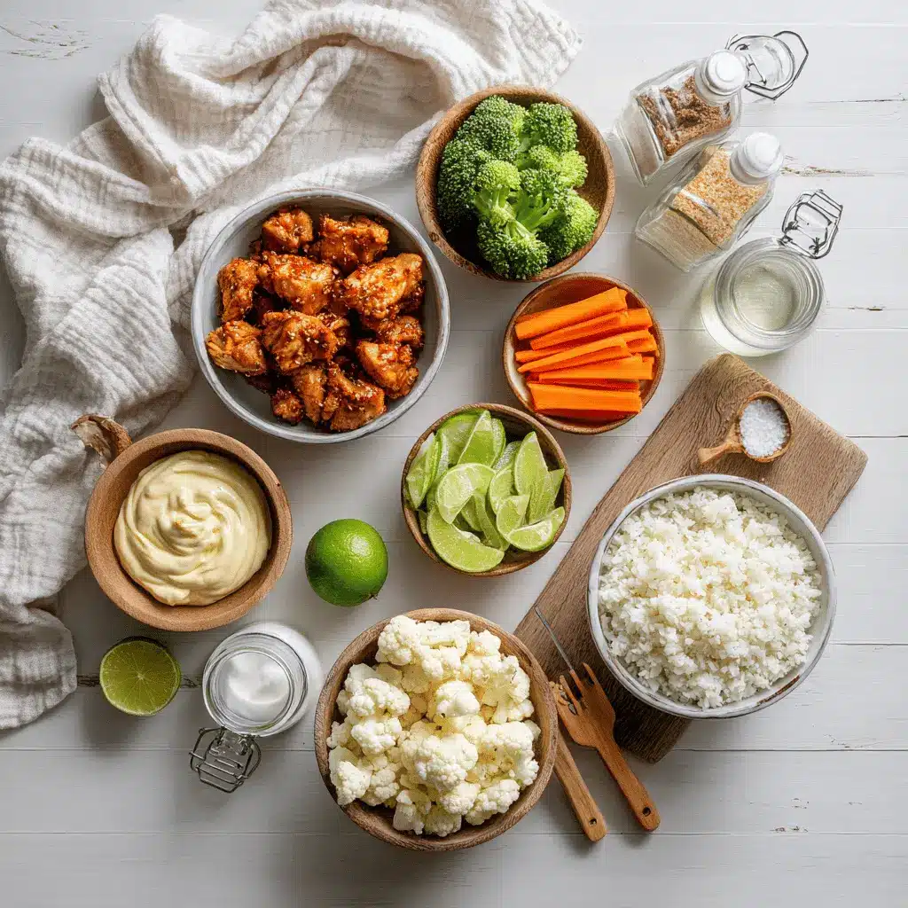 Bang Bang Chicken Bowl Irresistible Flavor Explosion 4 Bang Bang Chicken Bowl with tender-cooked chicken pieces rice cauliflower rice vegetables zesty creamy sauce lime