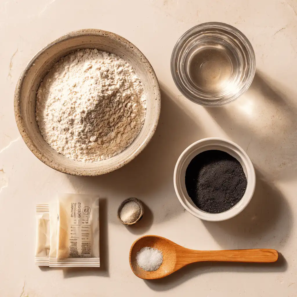 Flat lay of activated carbon bread ingredients: flour, yeast, salt, water, and activated carbon.