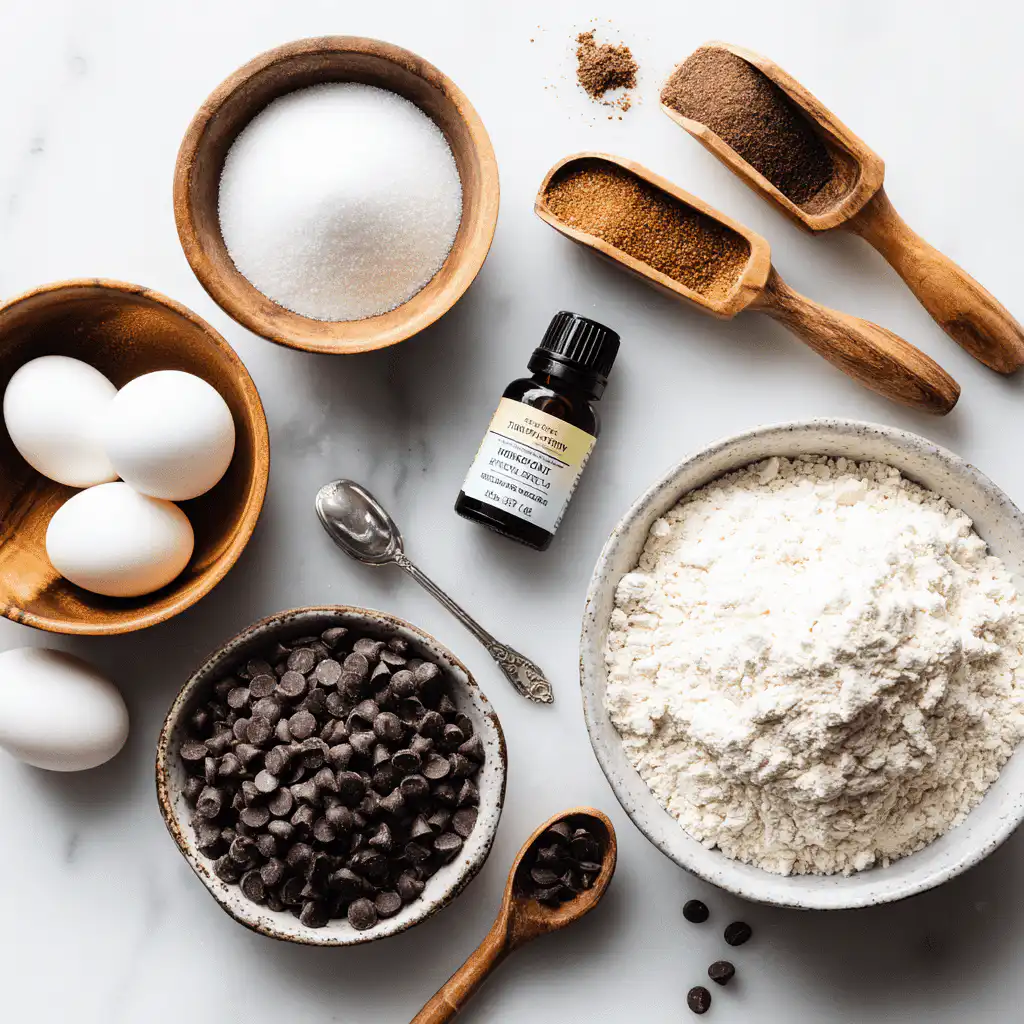 Cookie ingredients neatly organized on a clean surface for a step-by-step prep view.