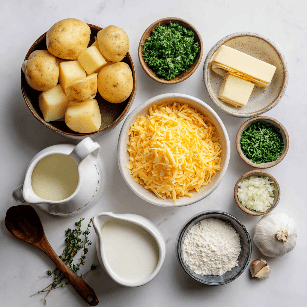 Cheddar Garlic Herb Potato Soup – Comfort in Every Bite 3 Ingredients for cheddar garlic herb potato soup arranged neatly on a clean, well-lit surface.