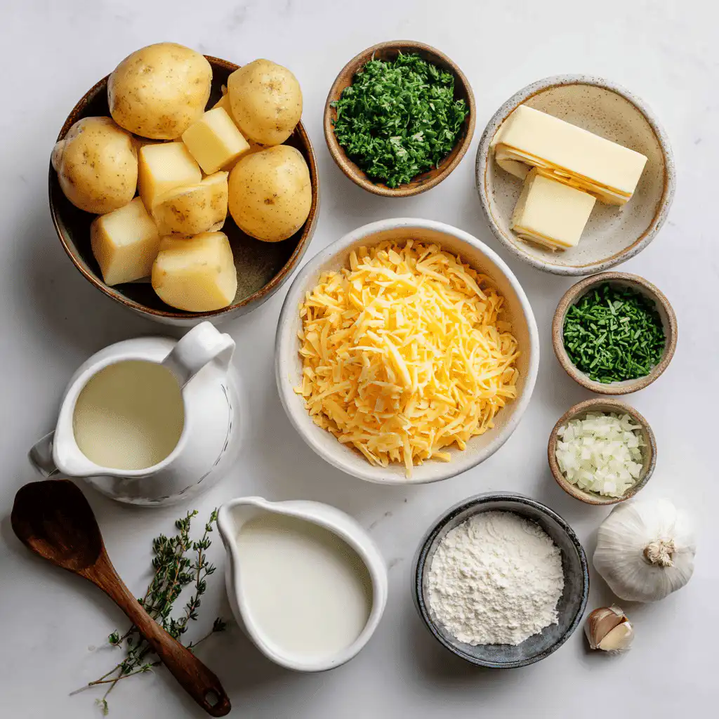 Ingredients for cheddar garlic herb potato soup arranged neatly on a clean, well-lit surface.