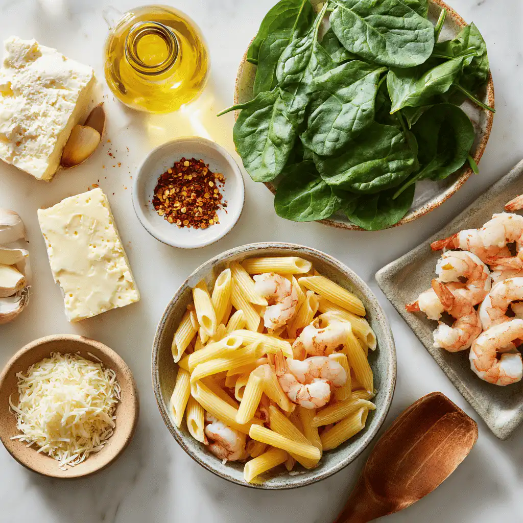 Ingredients for Cheese Shrimp Penne Pasta neatly arranged on a white tabletop.