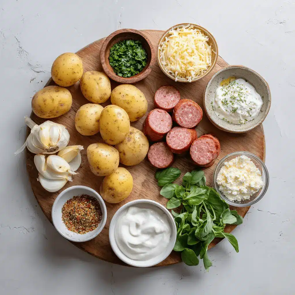 Cheesy Ranch Potatoes and Smoked Sausage for Easy Dinners 3 Cheesy Ranch Potatoes served with smoked sausage on white napkin, garnished with melted cheese and herbs.