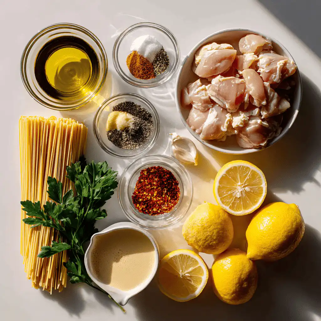 Flat-lay of Cowboy Butter Chicken Linguine ingredients neatly arranged on a bright, clean surface.