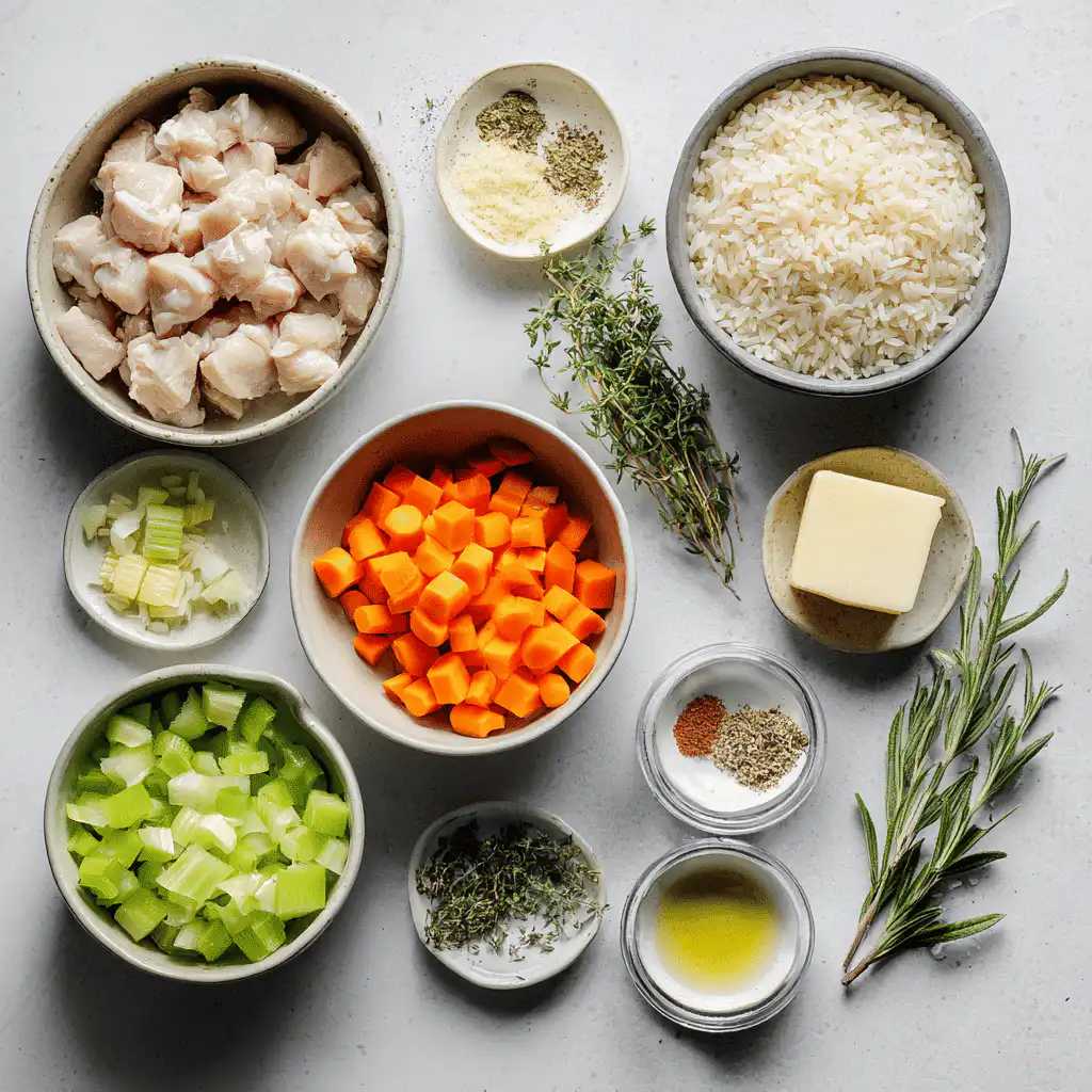 Creamy Chicken and Rice Soup served in warm, natural lighting on a cozy white table setup