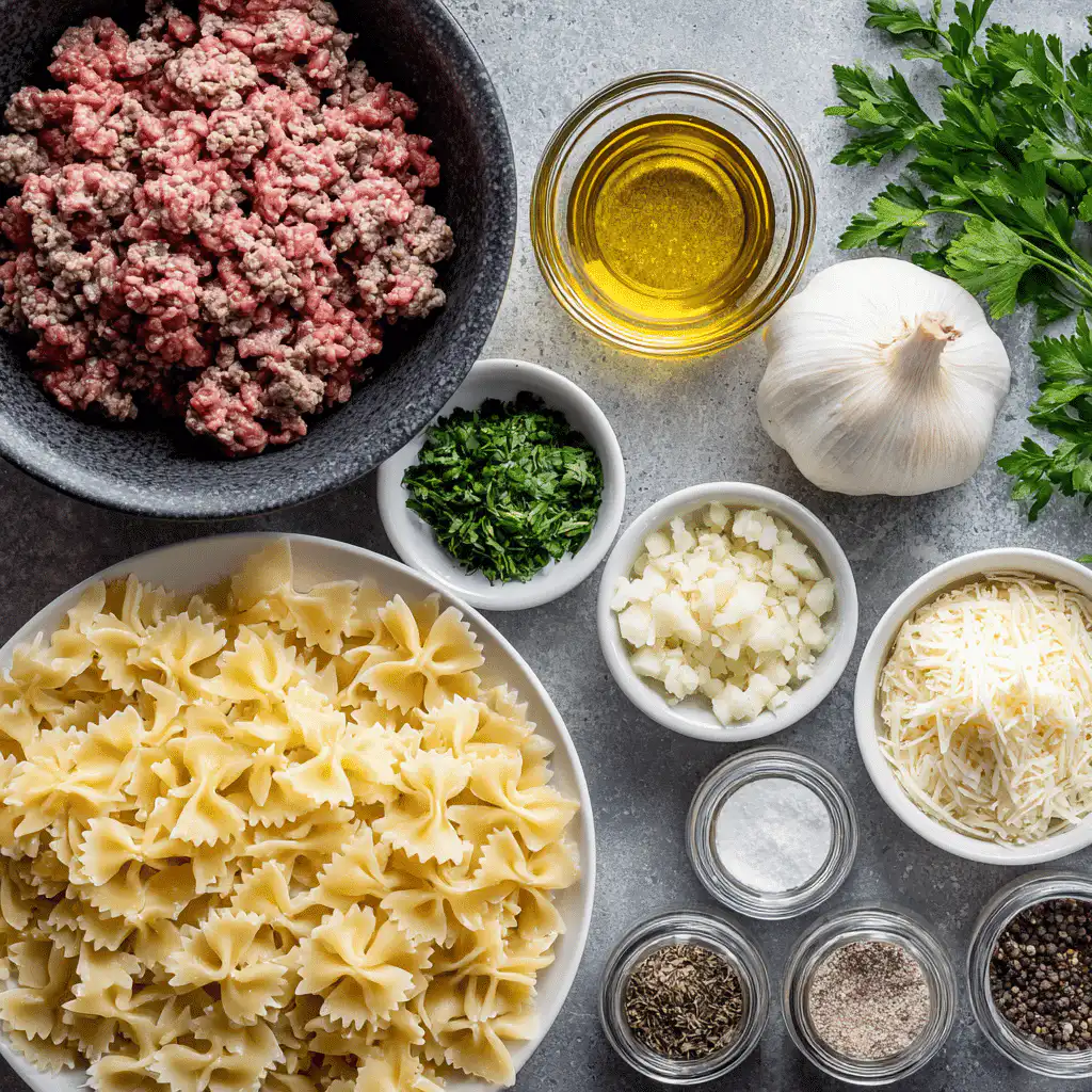Flat-lay of ingredients for Creamy Parmesan Garlic Beef Bowtie Pasta in a clean, bright setup.