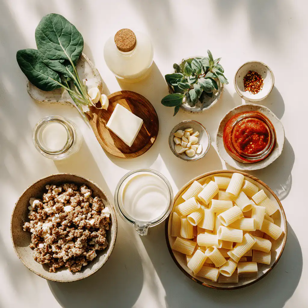 Organized ingredients for Creamy Sausage Rigatoni, including pasta, sausage, spinach, and tomato sauce.