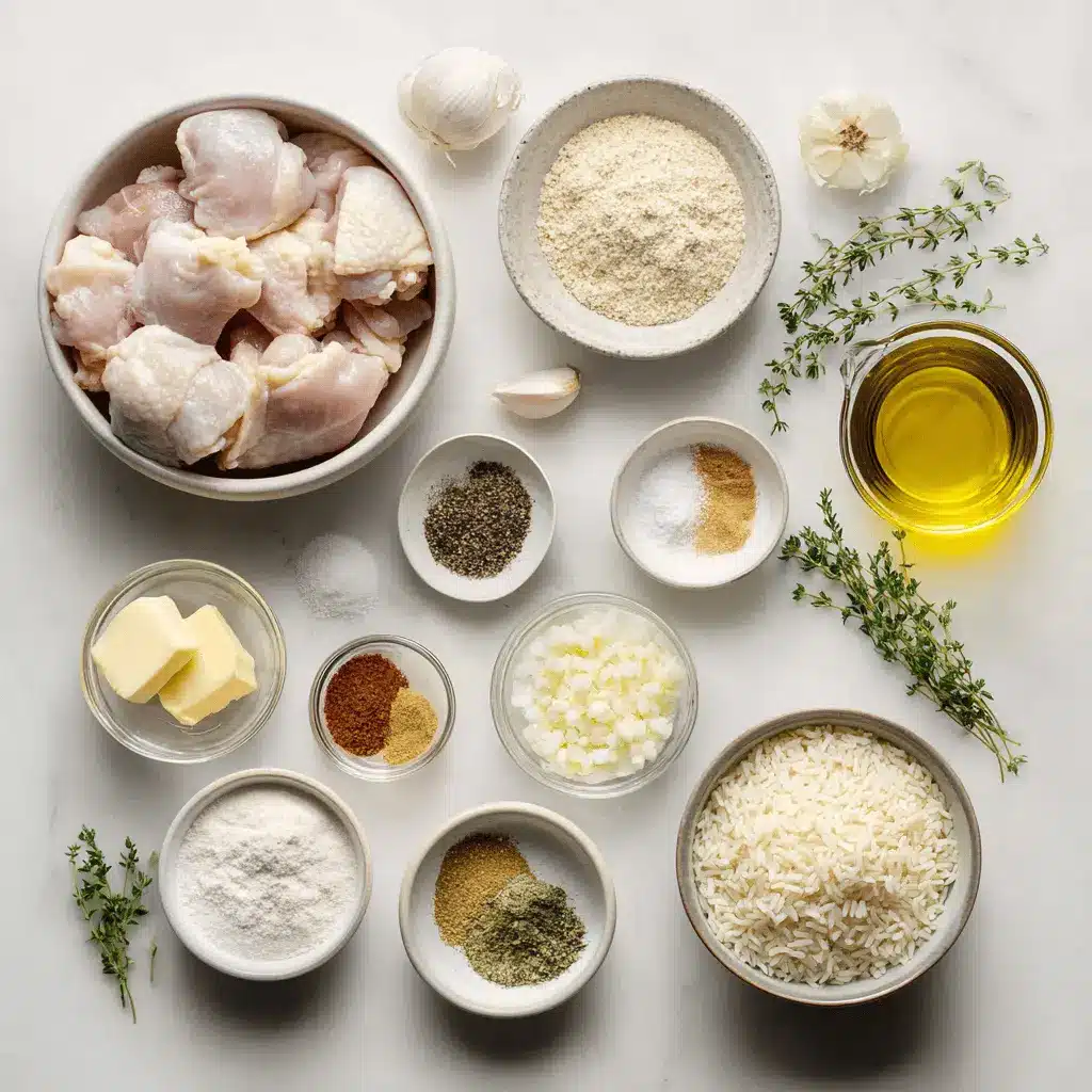 Creamy Smothered Chicken and Rice for Easy Comfort Meals 3 Creamy Smothered Chicken in a white bowl on a table with white napkin and glass of water.