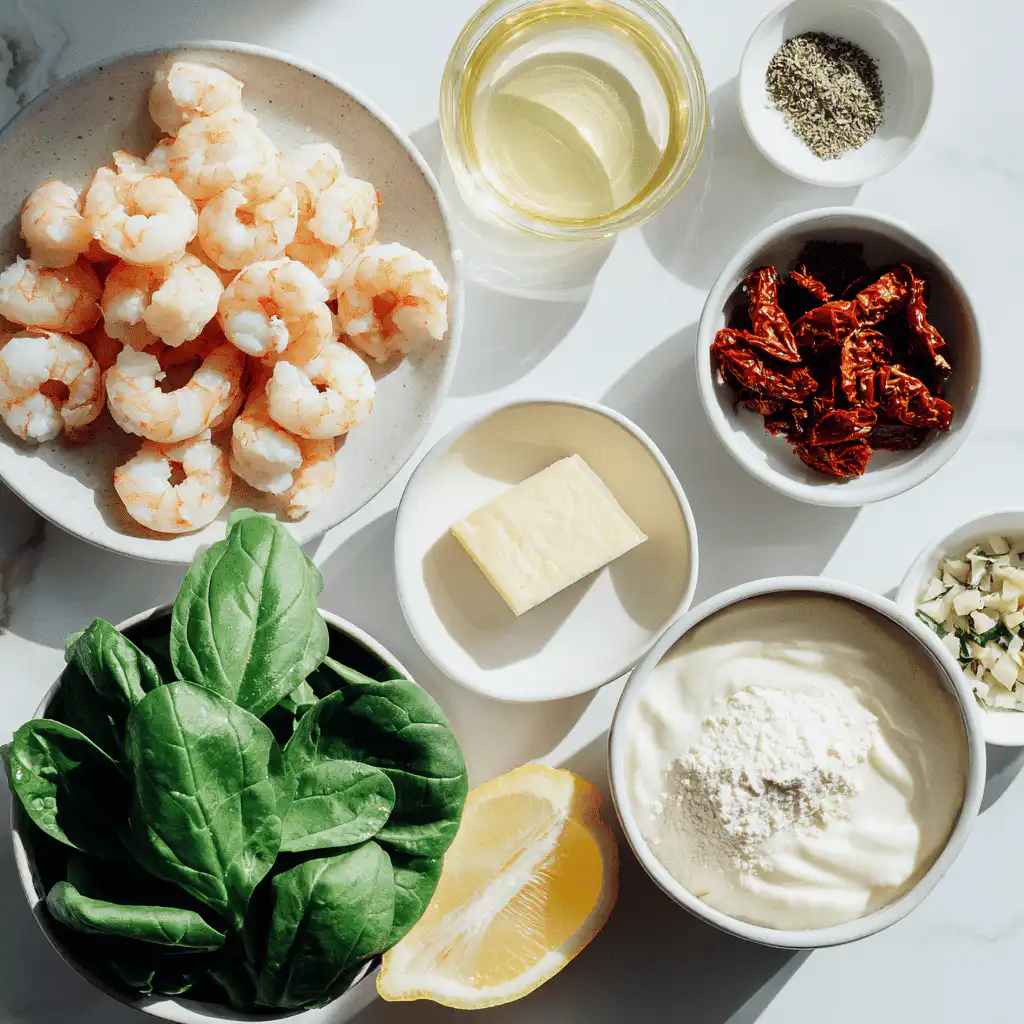 Fresh ingredients for Creamy Tuscan Shrimp neatly arranged in bowls and on a clean kitchen surface.