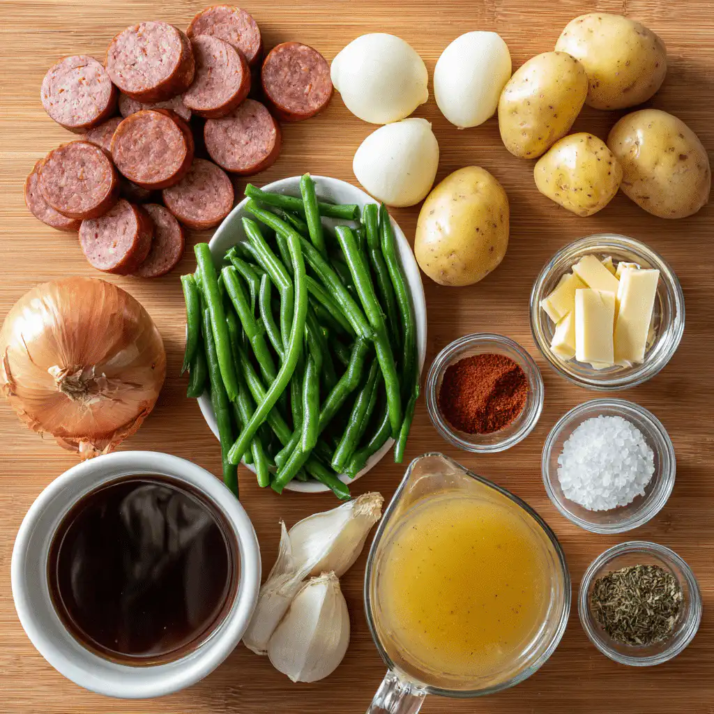 Flat-lay of Crockpot Kielbasa and Green Beans recipe ingredients on a clean surface.