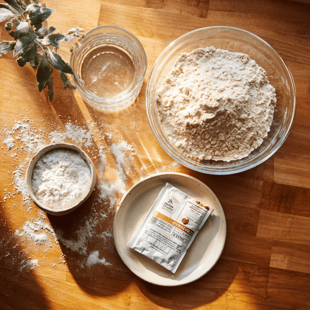 Dutch Oven No Knead Bread – Easy Homemade Artisan Loaf 3 Dutch Oven No Knead Bread ingredients neatly displayed with yeast, flour, water, and salt on clean surface.