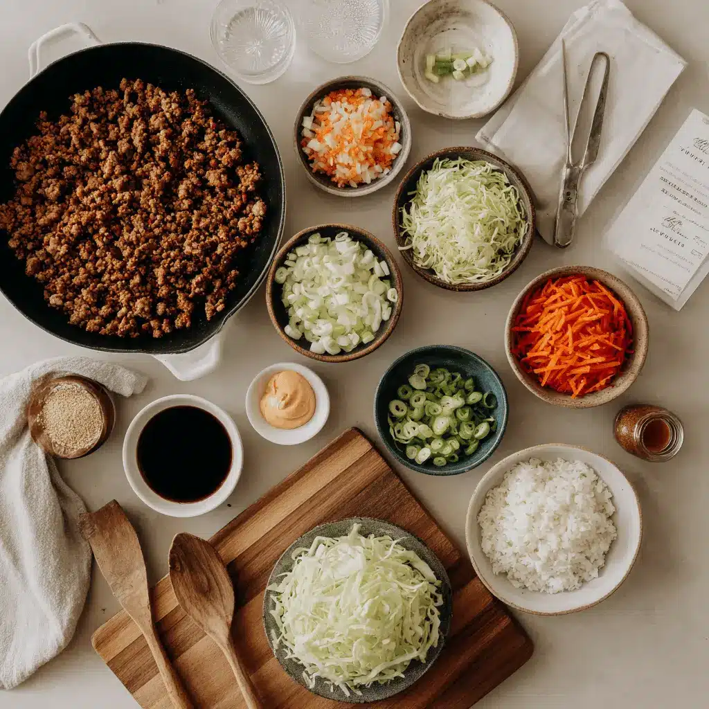 Egg Roll in a Bowl Quick Keto Meal Idea 4 Egg Roll in a Bowl One Skillet Keto aromatic turkey cabbage bowl with sriracha mayo drizzle and sesame