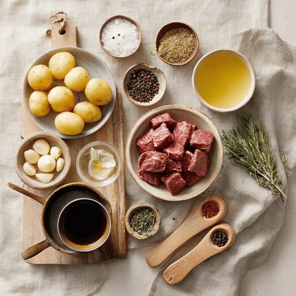 Garlic Butter Beef Bites & Potatoes Recipe Delight 4 Garlic Butter Beef Bites Potatoes plated with roasted baby potatoes and garlic butter glaze