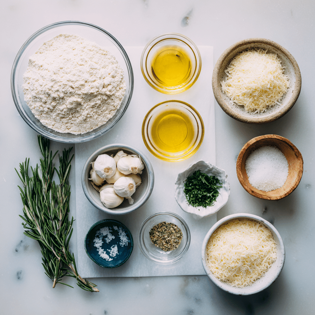 Garlic Parmesan Focaccia Bread - Easy and Delicious Recipe 3 Overhead view of focaccia ingredients on light, clean surface.