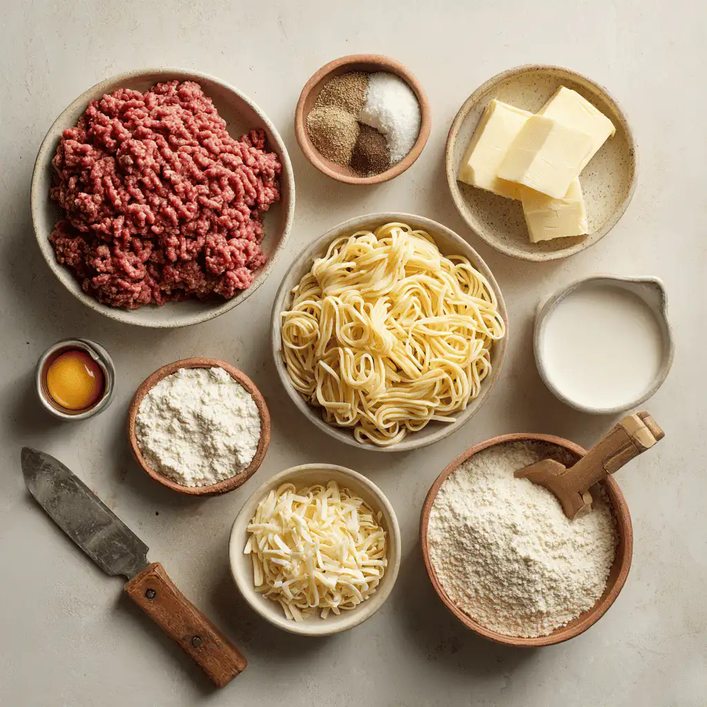 Neatly displayed Hamburger Stroganoff Recipe ingredients in an organized, flat-lay composition with natural lighting.