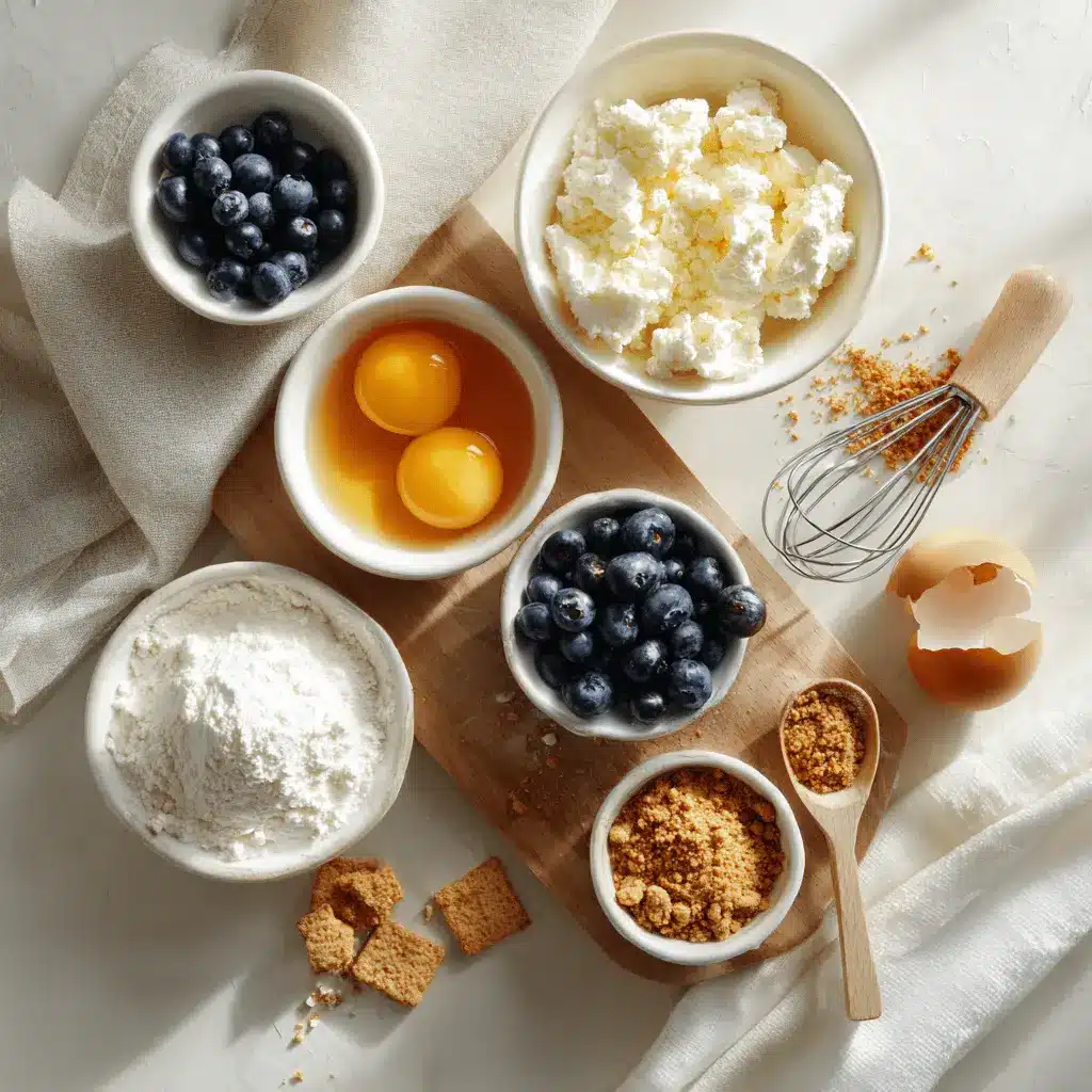 High Protein Blueberry Cottage Cheese Bake: A Perfect Snack 4 High Protein Blueberry Cottage Cheese Bake plated on white cloth with fresh blueberries and graham crumbs