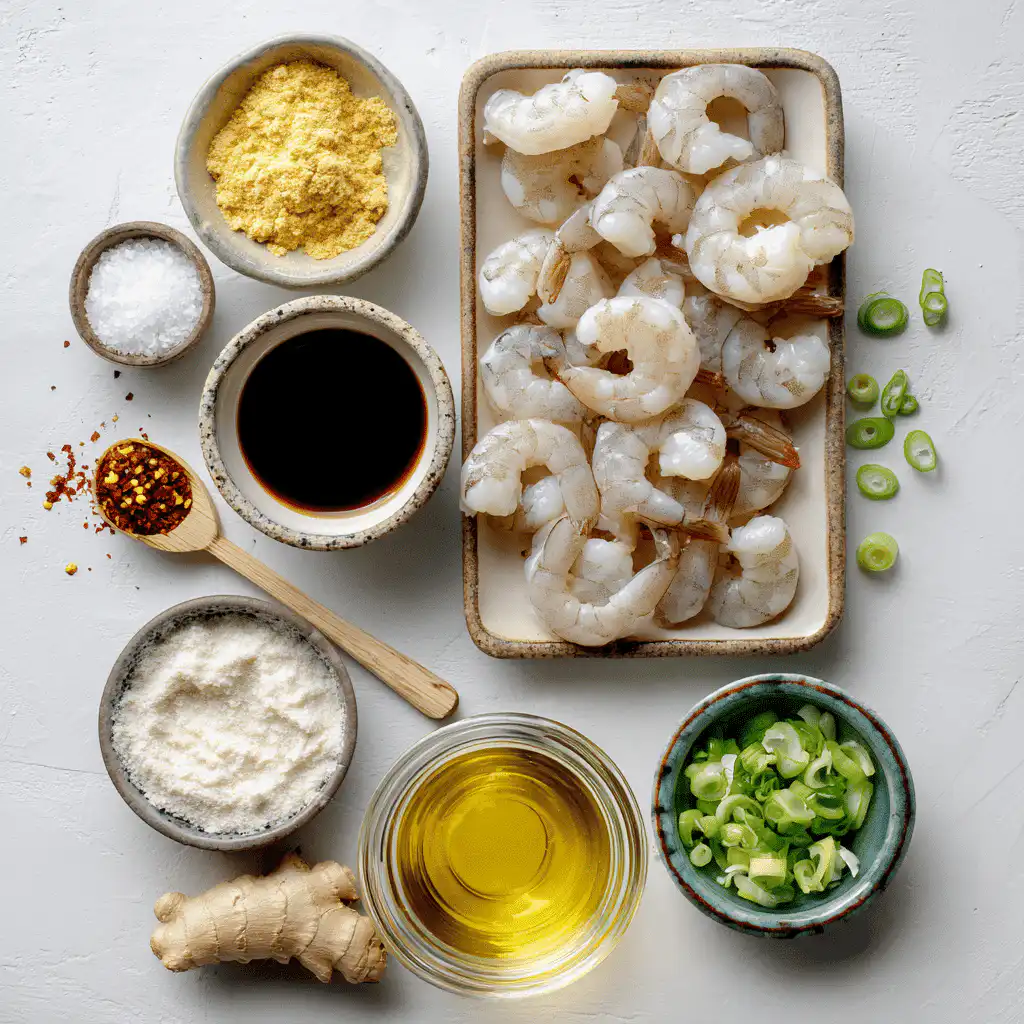 Honey garlic shrimp ingredients laid out beautifully on a clean surface with natural lighting.