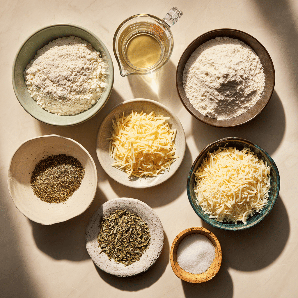 Italian Herbs and Cheese Bread Recipe for All Occasions 3 Organized ingredients for Italian Herbs and Cheese Bread recipe on a clean surface with natural lighting.