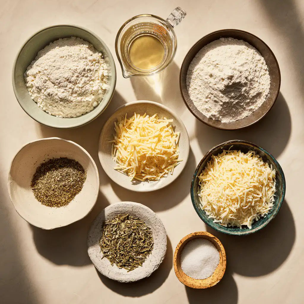 Organized ingredients for Italian Herbs and Cheese Bread recipe on a clean surface with natural lighting.