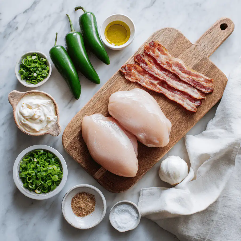 Organized ingredients for Jalapeño Popper Chicken Salad, including chicken, bacon, jalapeños, and spices.