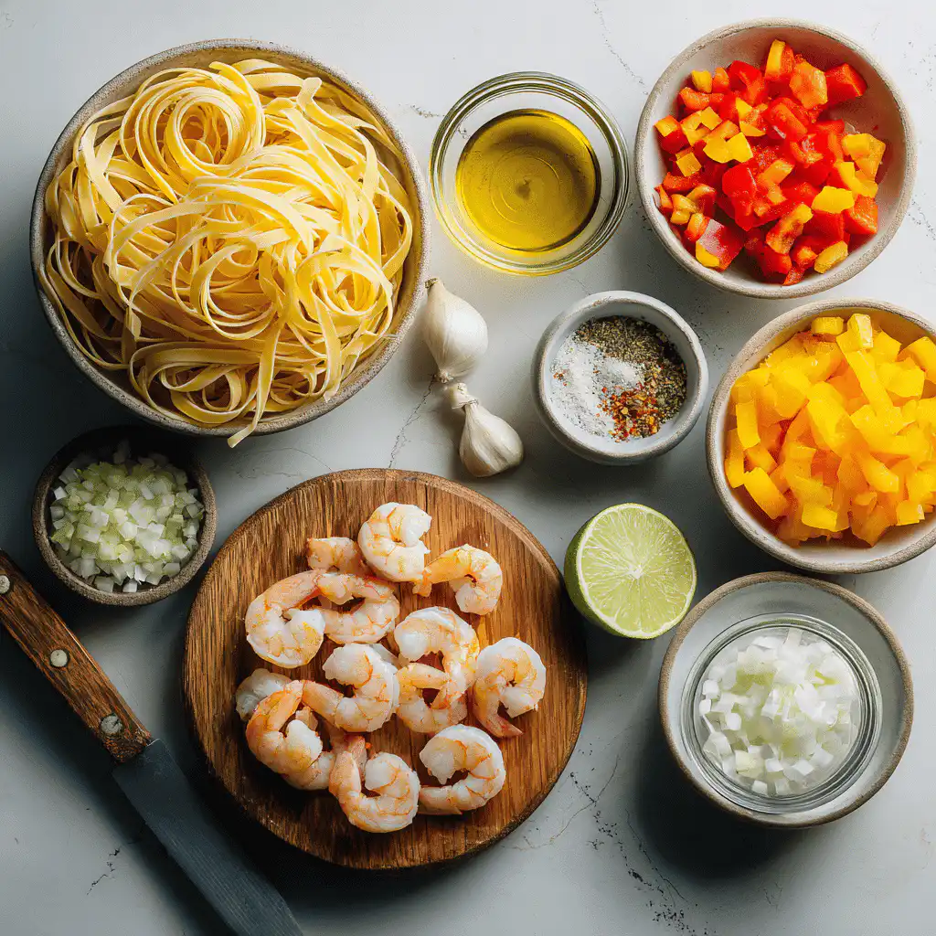 Flat lay of Jamaican Shrimp Pasta ingredients with vibrant fresh produce and seasoning.