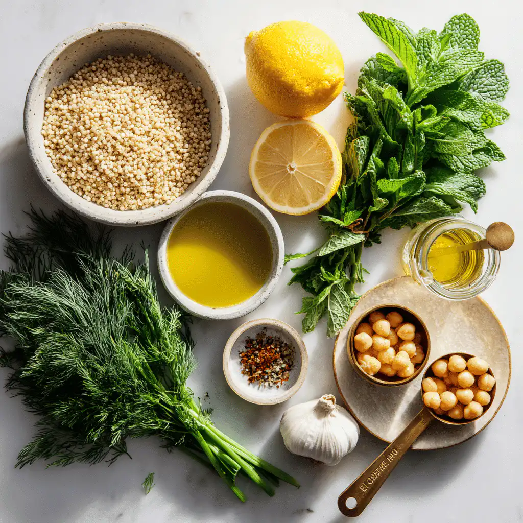Lemon Herb Quinoa with Chickpeas beautifully presented on a white napkin with a glass of water