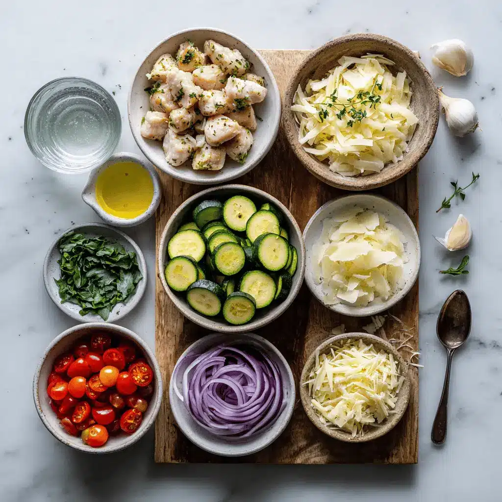 Mediterranean Chicken Zucchini Bake Easy Recipe 4 Mediterranean Chicken Zucchini Bake golden melted cheese zucchini cherry tomatoes herbs on cloth