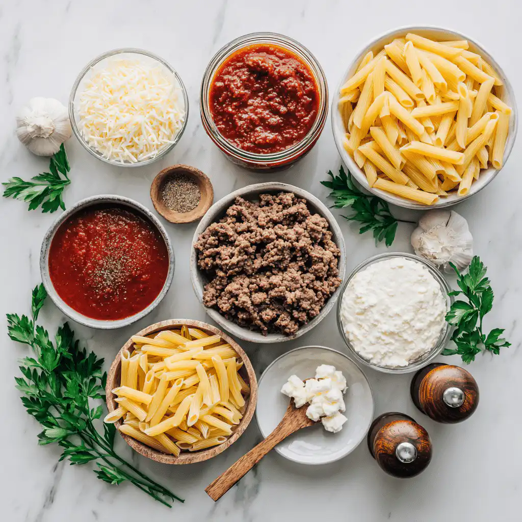 Organized layout of ziti ingredients with cheese, pasta, garlic, and marinara sauce.