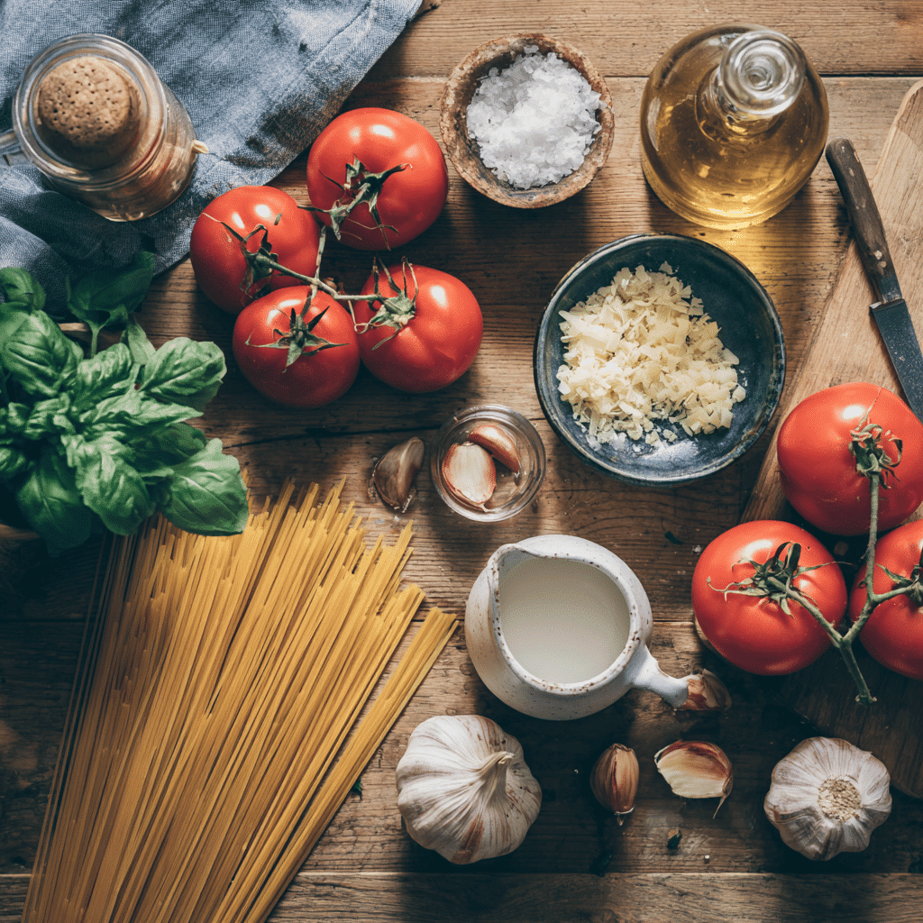 One Pot Creamy Tomato Pasta - Easy Dinner in 30 Minutes 3 Fresh ingredients for creamy tomato pasta neatly arranged on a wooden table.