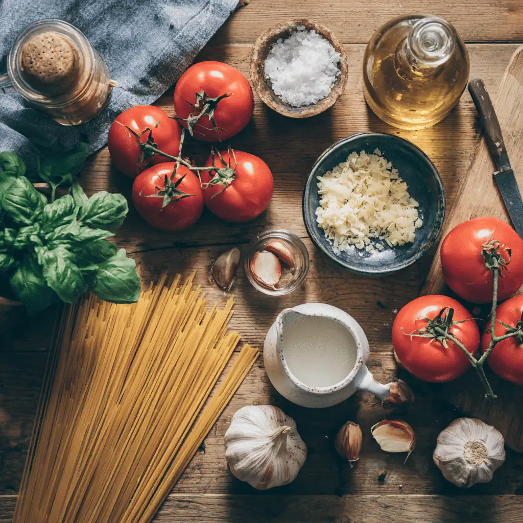 Fresh ingredients for creamy tomato pasta neatly arranged on a wooden table.