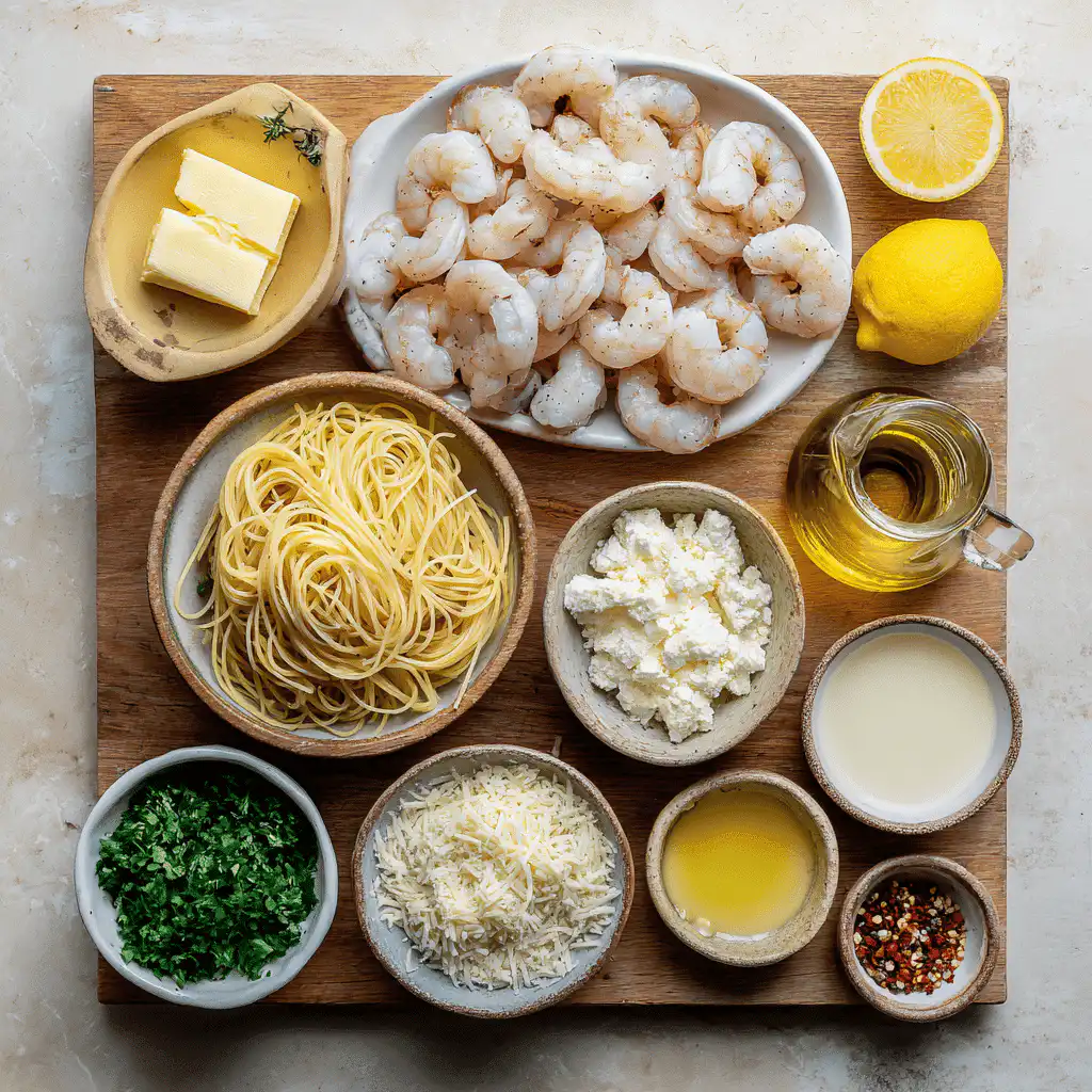 Flat-lay of ingredients for Garlic Butter Shrimp Pasta arranged neatly on a clean surface.
